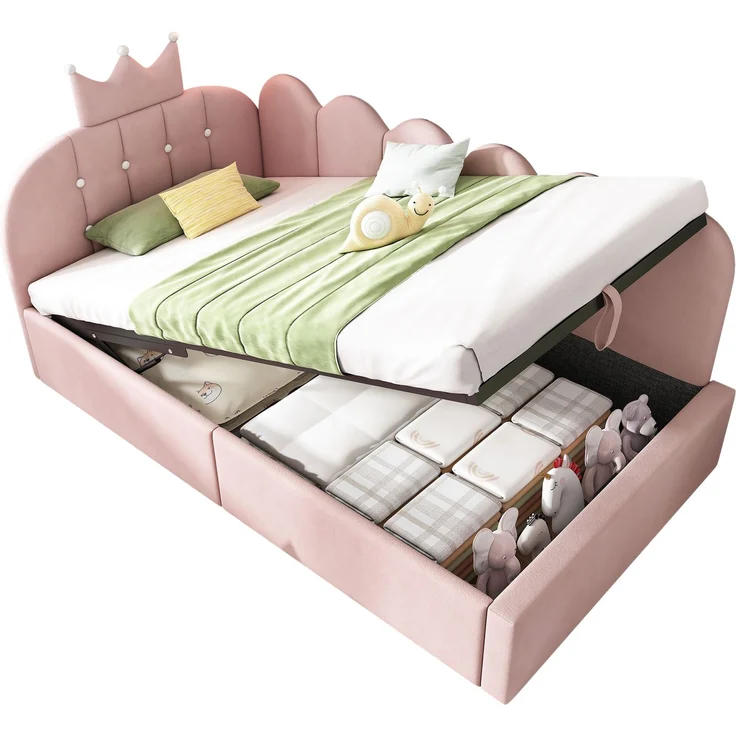 Merax Einzelbett, 90x200 cm Polsterbett, Daybett, Tagesbett-Schlafsofa mit Stauraum (hydraulisch), Gästebett L-Form Samt, Rosa – Bild 10