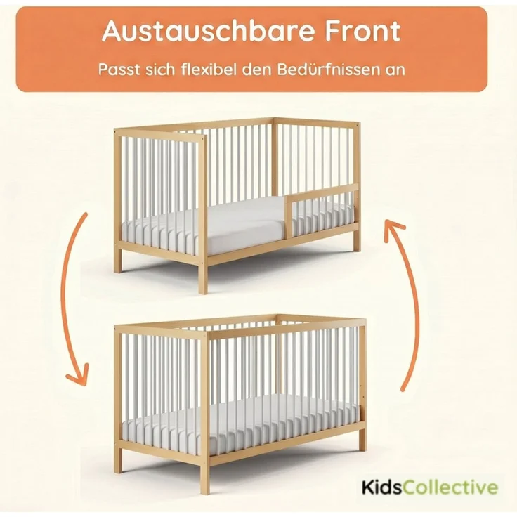 Kids Collective Babybett Kinderbett Gitterbett Baby Bett mit Rausfallschutz 60x120 70x140, stabiles Buchenholz, made in Europe 70x140 cm Natur und Weiß – Bild 4