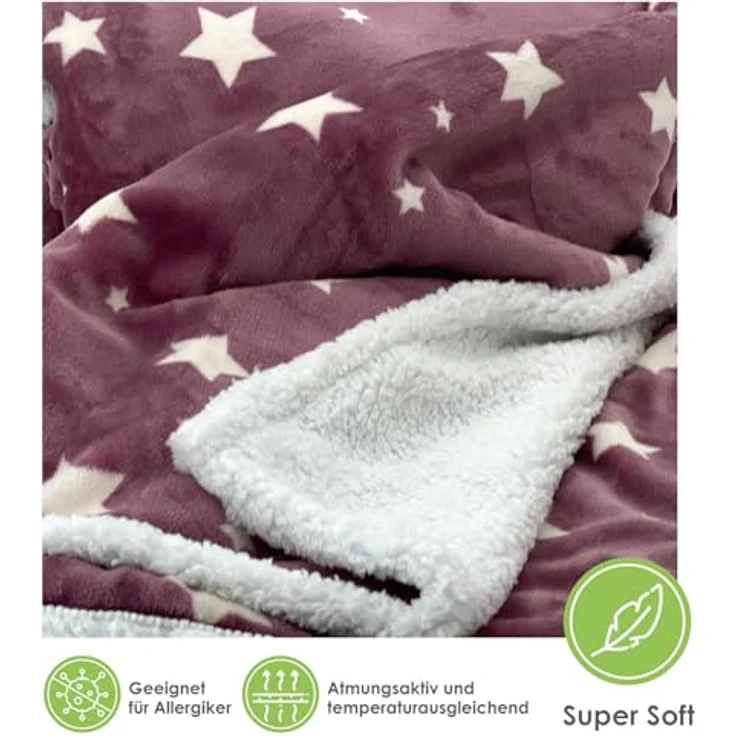 Wohndecke Soft Flanell Sterne Kuscheldecke mit Sherpa Fell, heimtexland, Sofadecke 150x200 I extra dick I warm I kuschelig weich – Bild 4