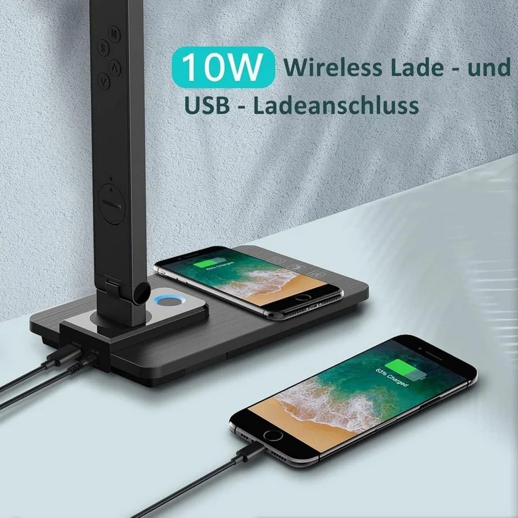 Forrlite LED Schreibtischlampe LED fest integriert LED Tischlampe Dimmbar, kabelloses Laden, USB-Ladefunktion, 3 Farbtemperaturmodi und 5 Helligkeitsstufen, Temperatur-, Alarm- & Kalenderfunktion – Bild 2