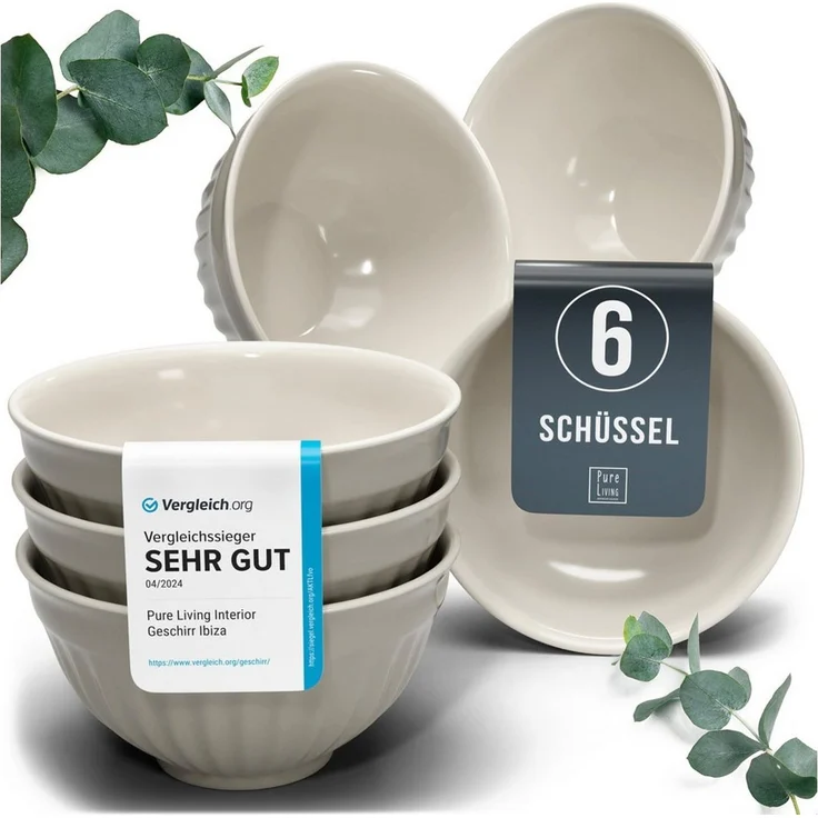 PURE LIVING INTERIOR DESIGN Geschirr-Set Hygge, 6er-Set Müslischalen, 16 cm, Riffelstruktur, Hellbraun (1-tlg), 6 Personen, Steingut, Spülmaschinenfest, mikrowellengeeignet, Suppe, Salat und Dessert – Bild 1