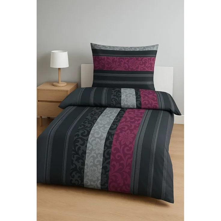 soma Bettwäsche Bettbezug 135x200 80x80 Barock gestreift Boho lila grau bieber warm, Biber, 2 teilig, Weiches Biber Set mit Barock-Motiv in Beere und Grau zweifarbig
