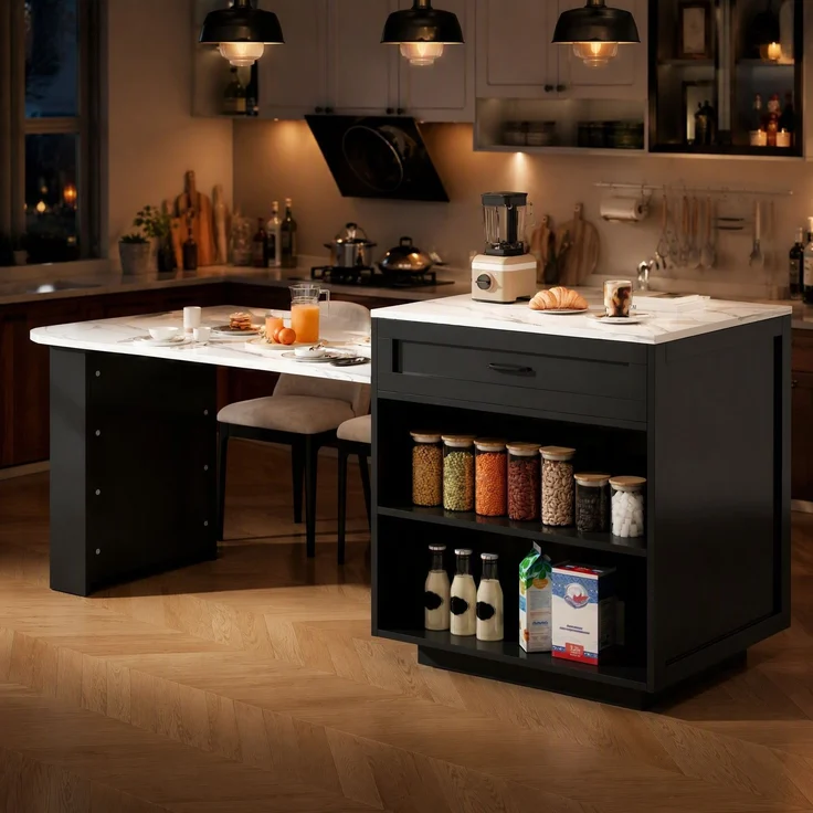 Bartisch 98-204x70x93,5 cm, ausziehbar, mit Stauraum und Rollen, Schwarz – Bild 2