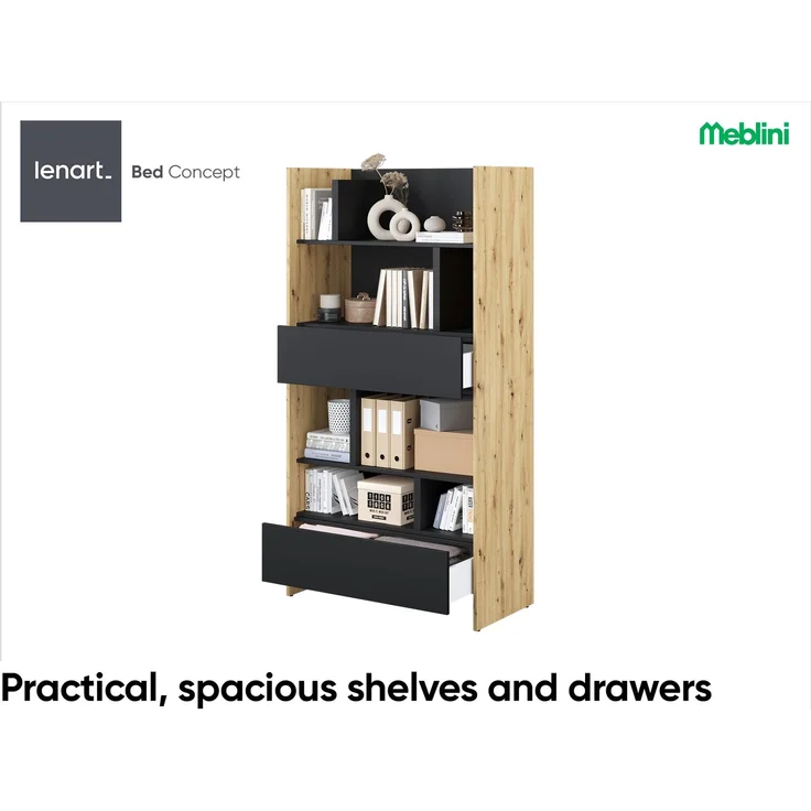 MEBLINI Wohnzimmerschrank BC-28 für Schrankbett - Artisan Eiche/Schwarz - 92x178x46cm - Hochschrank mit Regalen, Fächern und Schubladen – Bild 3