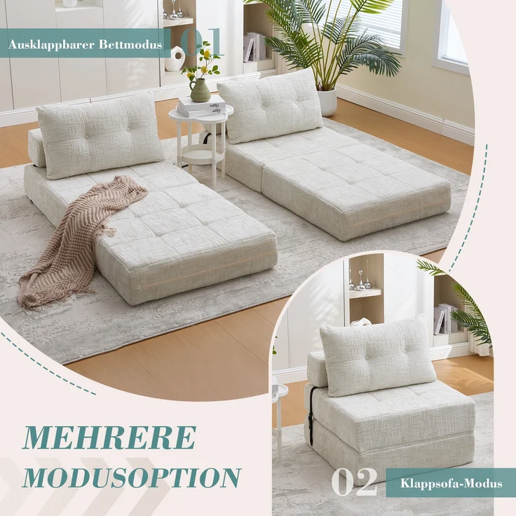 LVHOM Schlafsofa mit Schlaffunktion und Kissen, tragbares Klappsofa mit Rückenlehne, bis 200kg, für Wohnzimmer Büro, Beige – Bild 4