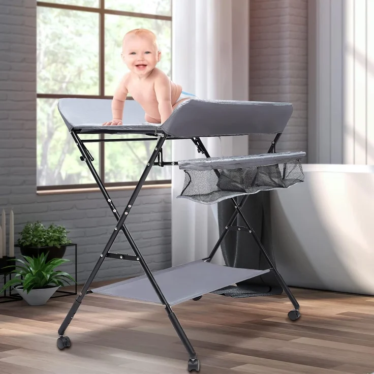 QIERF Klappbarer Wickeltisch Baby Wickelkommode Mobiler Wickelregal Höhenverstellbar, 25kg Tragfähigkeit für 0-12 Monate, Wechseln von Windeln, Wechselkleidung, Lagerung, Grau – Bild 5