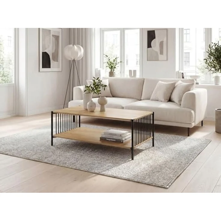 Couchtisch 110x60cm Eiche Optik Rechteckig - Design Sofatisch Metall - Wohnzimmertisch Ablage - Loungetisch Stauraum - Beistelltisch Kaffeetisch – Bild 4