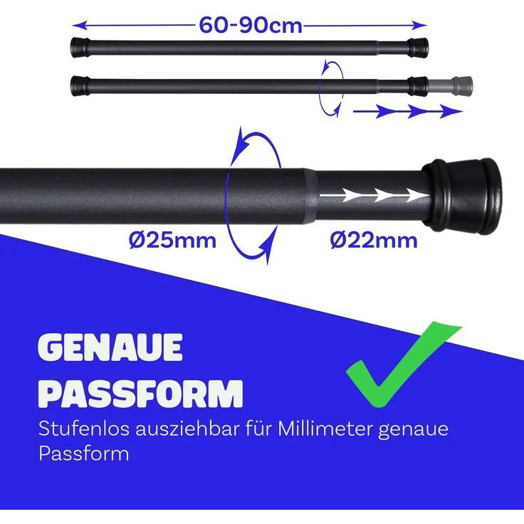 Verstellbare Vorhangstange - Spannstange zum Klemmen Schwarz Ø22/25 mm 60-90 cm – Bild 2