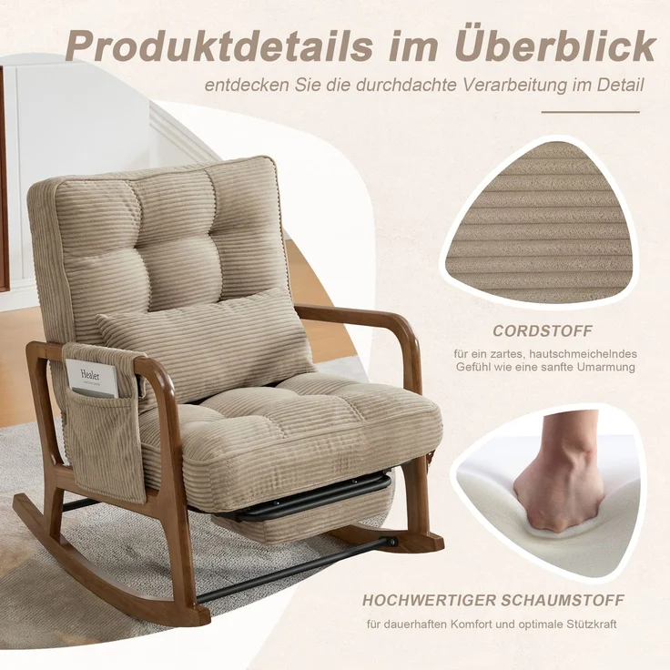 LVHOM Schaukelstuhl mit ausziehbarer Fußstütze, Relaxsessel mit verstellbare Rückenlehne, Loungesessel mit Seitentasche, bis 150 kg belastbar, Khaki – Bild 7