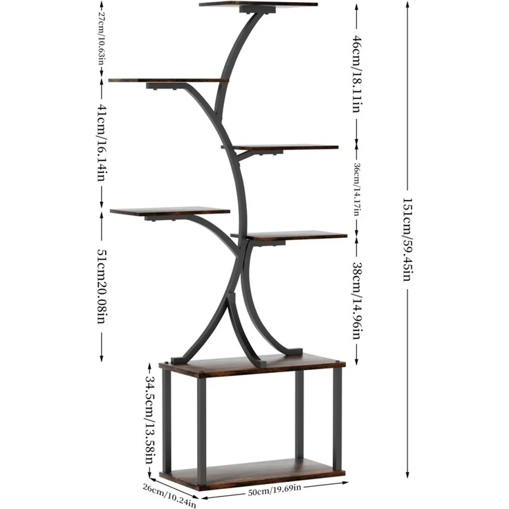 UNHO Pflanzenregal Blumenregal Blumentreppe Schwerlast Blumenständer Balkon Garten Pflanzentreppe Pflanzen Regal Metall 50x26x151 cm Schwarz – Bild 2