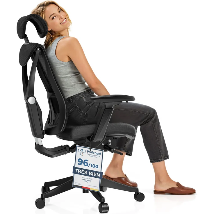 Desktronic Bürostuhl Verstellbarer Ergonomischer SitPro, Schwarz 3-Dimensional Armlehne, Integrierte 5-Wege-Lendenwirbelstütze – Bild 1
