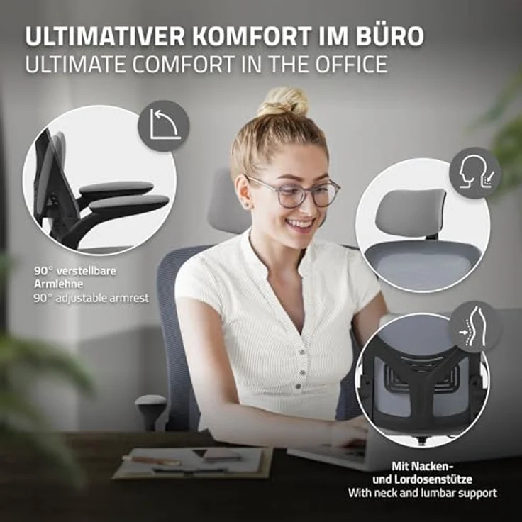 ML-DESIGN Ergonomischer Schreibtischstuhl, Grau, 1-Sitzer mit Netzrücken, 60.5x121x60 cm, ideal für Arbeitszimmer und Büros – Bild 4
