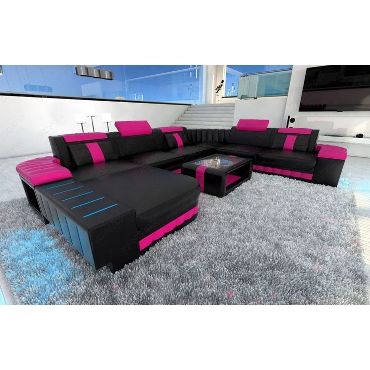 XXL Leder Wohnlandschaft Bellagio mit LED - Ledermix - schwarz-pink - Links – Bild 2