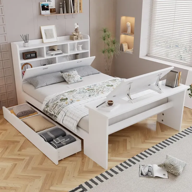 Kinderbett mit Stauraum und Klapptisch, mit Lattenrost, Regal, Schrank, Schubladen und Klapptisch, Holzbett, Stauraumbett, 90x200 cm
