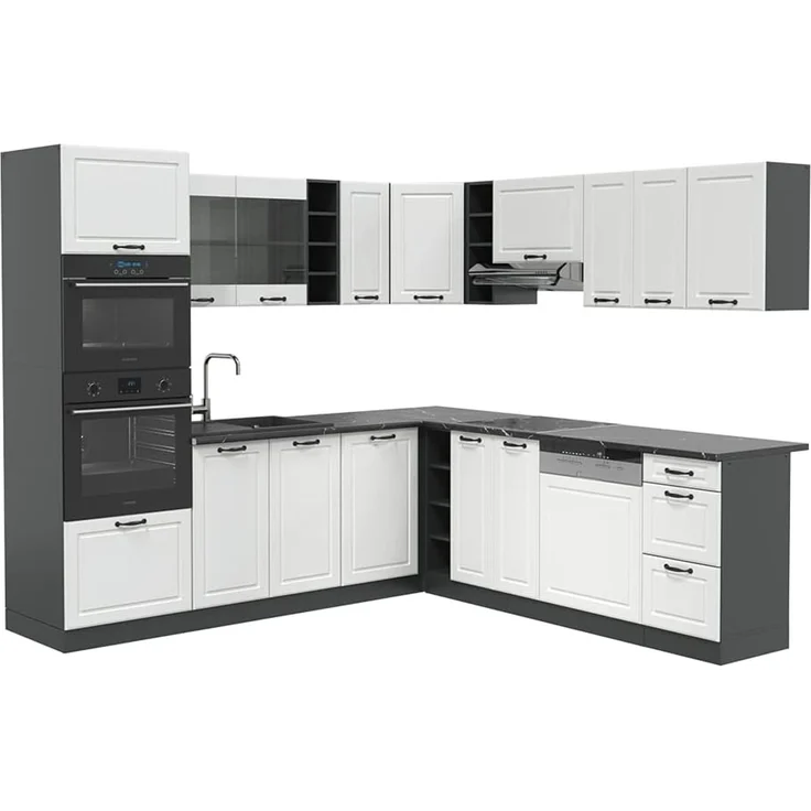 Eckküche R-Line Weiß Landhaus/Anthrazit 247 x 237 cm ohne Arbeitsplatte Vicco – Bild 1