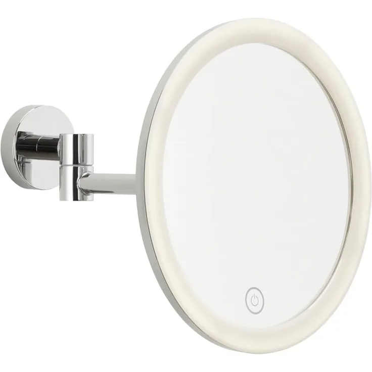 tesa Schminkspiegel Visioon Kosmetikspiegel mit Beleuchtung, Montage ohne Bohren, Chrom (Komplett-Set, 1-St, Make-Up-Spiegel mit Schwenkarm, USB-C-Ladekabel, Power. Kit Klebelösung), Wandspiegel mit dimmbaren LEDs, 5-fach Vergrößerung, Touch-Bedienung