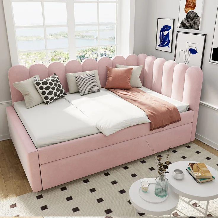 Polsterbett 140x200 cm aus Samt mit Ausziehbett – L‑förmiges Schlafsofa mit blütenförmiger Rückenlehne – Bild 2