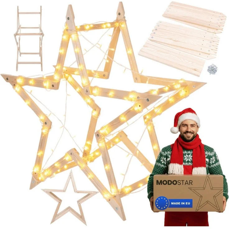 Modo24 Dekostern DIY MODOSTAR Weihnachtsstern Set aus FSC Holz 2D und 3D in 3 Breiten, zum Garten & Terrasse, wetterfest, faltbar & stabil, Weihnachtsdeko – Bild 1
