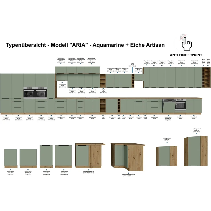 Küchen Aufsatzschrank 50 cm ARIA Aquamarin ultra matt + Eiche Artisan matt, hochwertige Fronten mit Anti Fingerprint Beschichtung Küchenzeile Küchenblock – Bild 6