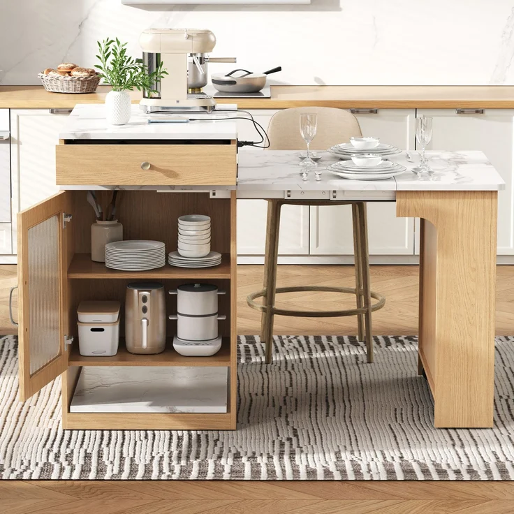 Merax Kücheninsel mit Rollen, Ausziehbarer Esstisch mit abnehmbarer Tischplatte, Bartisch mit Steckdosenleisten, dient als Kücheninsel, Anrichte, Sideboard oder Bartisch für Küche und Esszimmer (Natur) – Bild 2