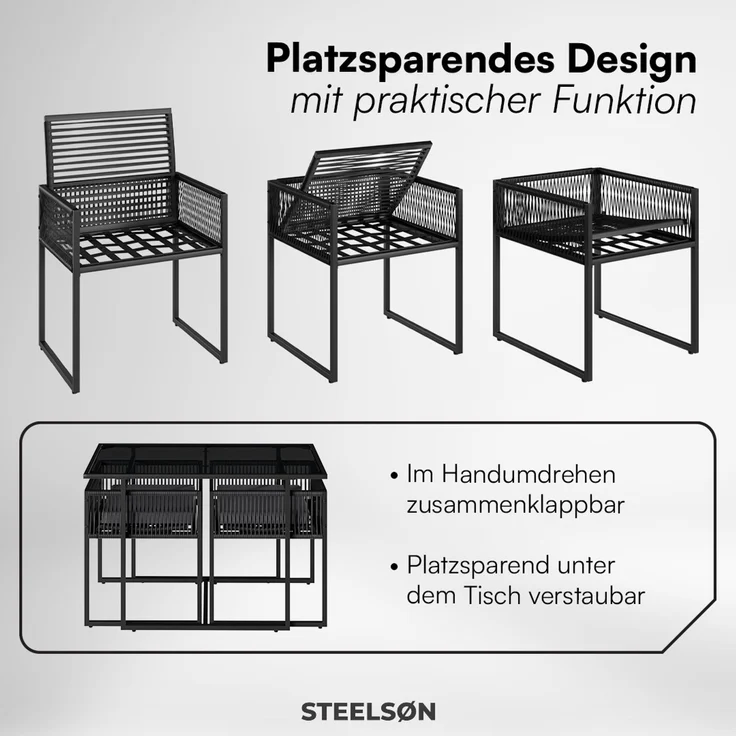 STEELSØN 'Kynaris' 3-tlg. Gartenmöbel-Set, Sitzgruppe aus 2 Polyrattan-Stühlen und Gartentisch, Metall, zusammenklappbar, schwarz/anthrazit, wetterfest – Bild 6