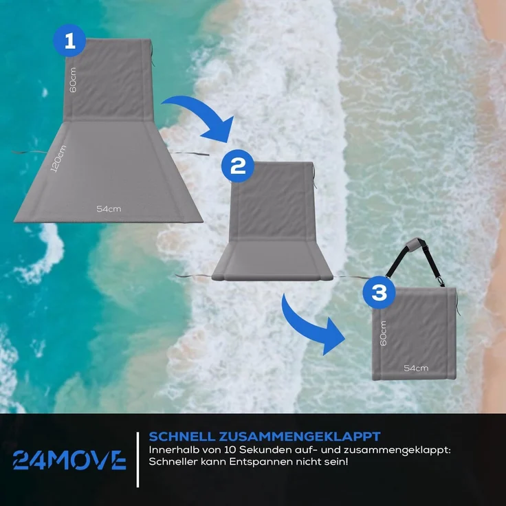 24Move Strandtuch, Strandmatte Set, Klappbare Campingliege, Tragetasche, (für Urlaub oder Garten), faltbar zur Tasche und Gurt, 2er Set, grau, Strandtuch – Bild 7