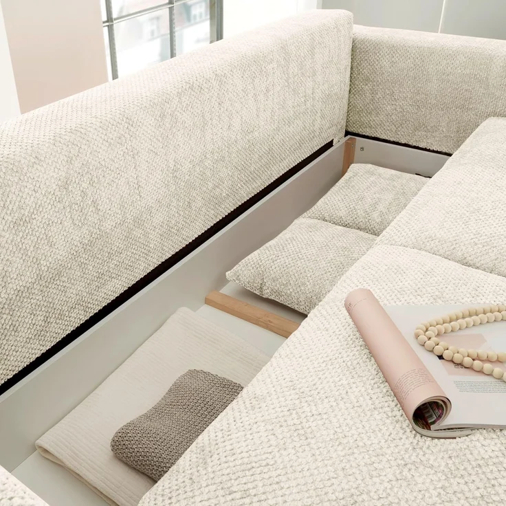 Schlafsofa Bullet von ED Exciting Design – Komfortables Mikrofaser-Sofa mit Nosagfederung Farbe Ivory, Bettkasten und Liftbeschlag – Bild 6