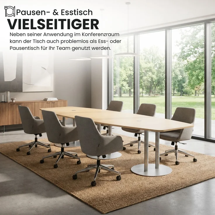 bümö Konferenztisch oval 400x130 cm in grau, Tischsäulen in Silber - Großer Besprechungstisch, Meetingtisch für 14 Personen, XXL-Tisch für Konferenzraum, Meeting & Besprechungsraum, KT40S-5-S – Bild 4