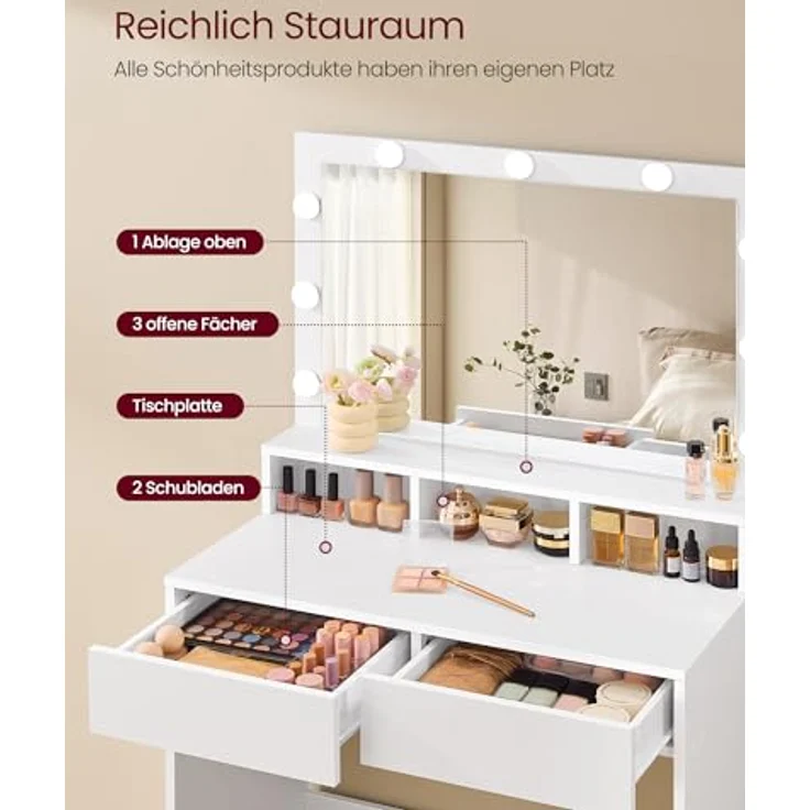 VASAGLE Schminktisch mit Beleuchtung und Hocker Set, Weiß | Moderner Kosmetiktisch mit Spiegel und LED, 2 Schubladen, Organizer für Schlafzimmer, KAILYN Kollektion – Bild 5