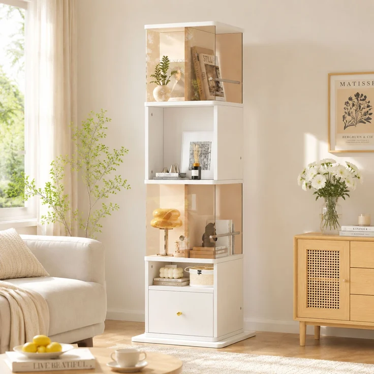 50*50*160cm, drehbare Vitrine, braunes gehärtetes Glas, MDF-Melaminplatte, Drehteller, MDF-Melaminplatte, Schubladenschienen, goldene Griffe, weiß + braun.--Braun + Weiß--50x50x160cm--YOUDENOVA – Bild 1