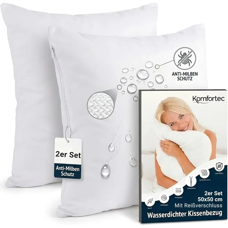 Komfortec Wasserdichter Kissenbezug 50x50 cm 2er Set mit Reißverschluss, Atmungsaktiv, Hypoallergen Kopfkissenbezüge 50x50, Anti-Milben, 2 Stück Kissenschoner 50x50, Weiß