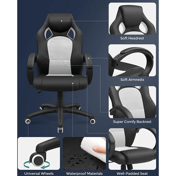 Songmics Racing Stuhl Bürostuhl Gaming Stuhl Chefsessel Drehstuhl PU, schwarz-weiß, OBG56BW – Bild 4