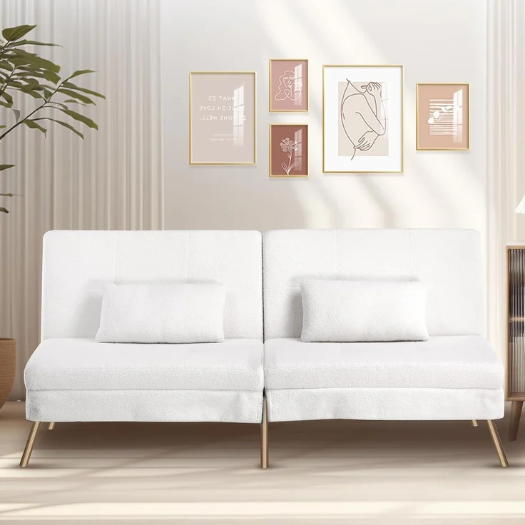 COMHOMA Schlafsofa mit Schlaffunktion, Sofa überzug Futon Klappsofa, Bettcouch, ecksofa, Couch Gästebett, 3-Sitzer Sofa, mit verstellbare Rückenlehne aus Teddystoff Weiß – Bild 2