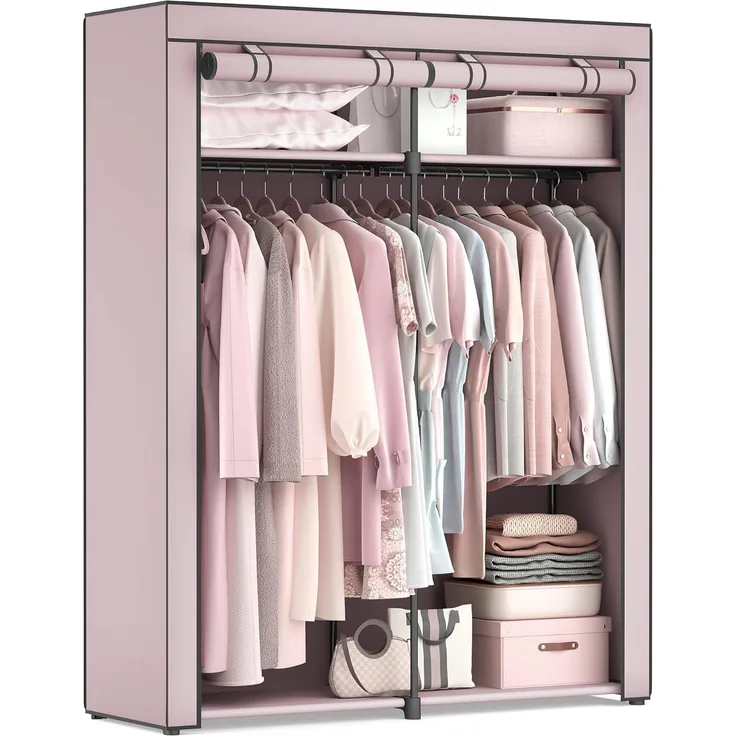 Songmics Stoffschrank mit 2 Kleiderstangen, faltbar, 140 x 43 x 174 cm, Lavendellila