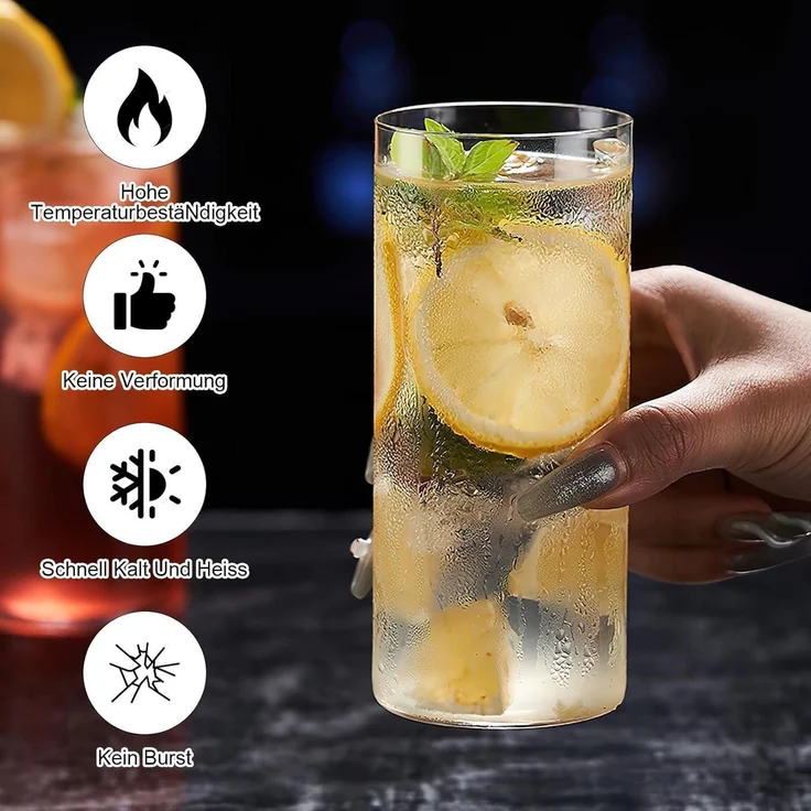 Trinkgläser 4er 400ml Longdrinkgläser Rund Glas Transparent Round – Bild 3