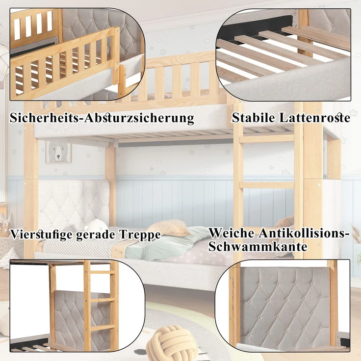Etagenbett mit 2 Schlafgelegenheiten, 90x200cm, Kopfteil gepolstert, Kinderbett mit Leiter und Lattenost, Massivholz – Bild 5