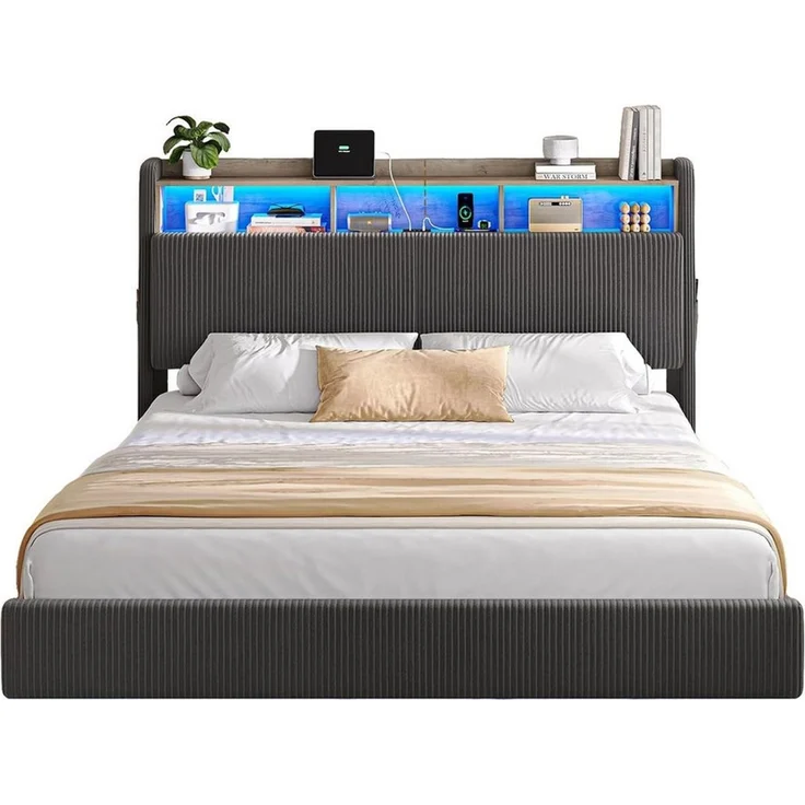MSMASK Polsterbett Schwebebett mit 270°-LED-Beleuchtung, USB & Type-C Ladestation (Ohne Matratze), Doppelbett mit Stauraum-Kopfteil 140x200 cm – Bild 3