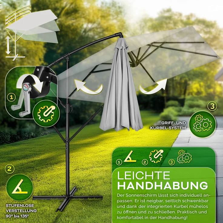 tillvex® Alu Sonnenschirm Rechteckig Ø 330 cm Grau + Abdeckung mit Kurbel | Ampelschirm Eckig mit Ständer & Windschutz | Gartenschirm UV-Schutz Aluminium | Kurbelschirm Marktschirm wasserdicht 360° drehbar – Bild 4