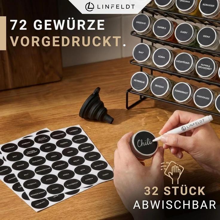 LINFELDT Gewürzregal Gewürzregal 28 Gläser + 108x Sticker, Stift, Schrauben zum Aufhängen – Bild 6