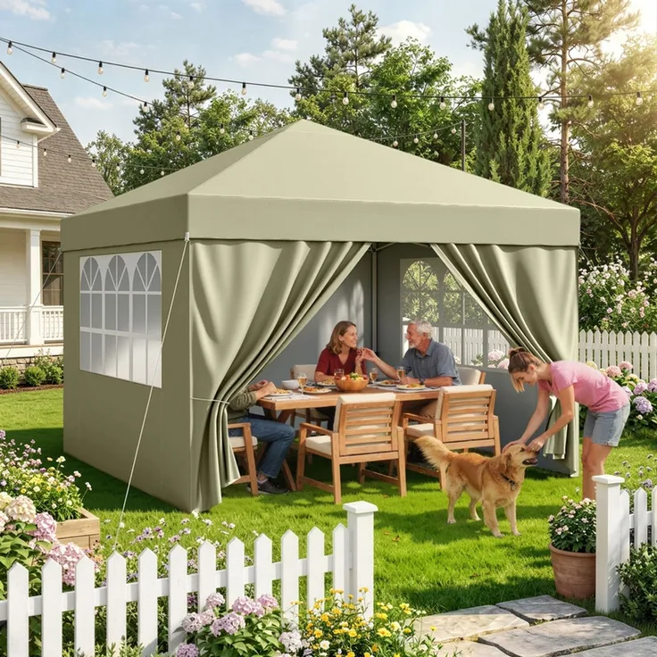 Hawthyhome Faltpavillon 3x3 Pop-Up Partyzelt, wasserdicht & UV50+, One-Touch-Schnellaufbau, 3 Höhenstufen, stabiles Kohlenstoffstahl-Gestell, inkl. 4 Seitenwände & Tragetasche, für Garten, Terrasse & Gartenpartys, Beige