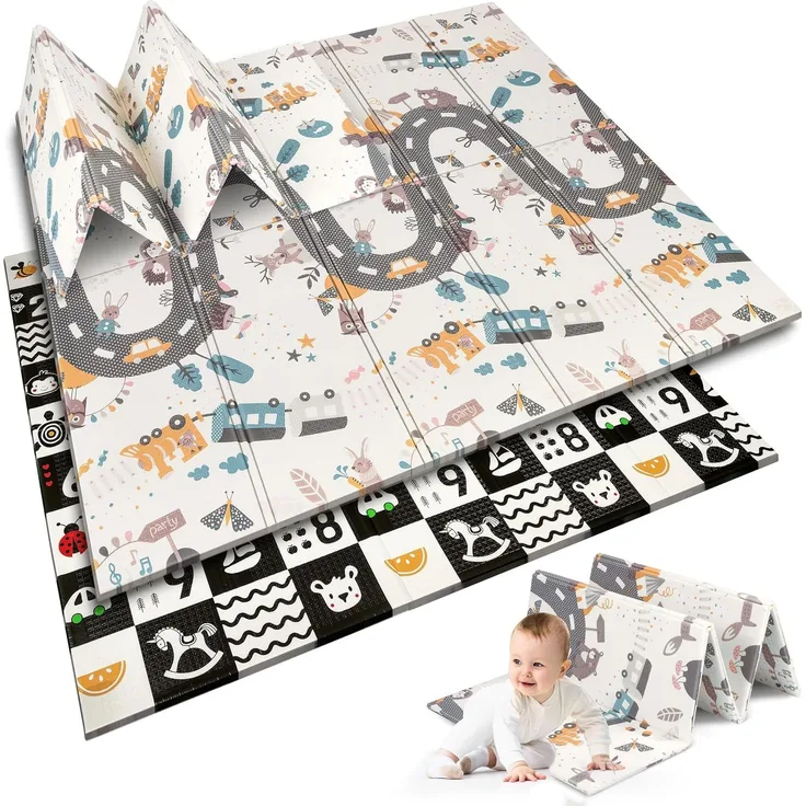 NUKIDO Baby-Schaumstoffmatte Doppelseitig Niedlich Buntes Design zum Spielen Krabbeln Perfekt zum Verschenken Faltbar 200x180 cm NK-340 Kontrastweg-Muster