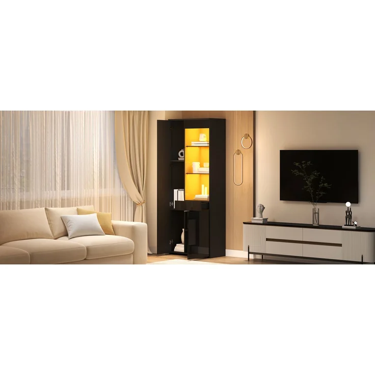 70*35*180cm Vitrine mit Schubladen, Vitrine Hochglanz, Glasvitrine mit LED-Beleuchtung,Hochschrank, Highboard Mit Schrank , Standvitrine,Trennwandlagerung, empfohlene Tragkraft 45kg,Schwarz--Schwarz--70x35x180cm--YOUDENOVA – Bild 6