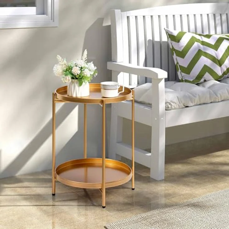 HollyHOME Beistelltisch Gold Rund Metall Balkontisch Klein Couchtisch Nachttisch Sofatisch 2 Ebenen Beistelltisch für Wohnzimmer Schlafzimmer Terrasse Outdoor – Bild 6