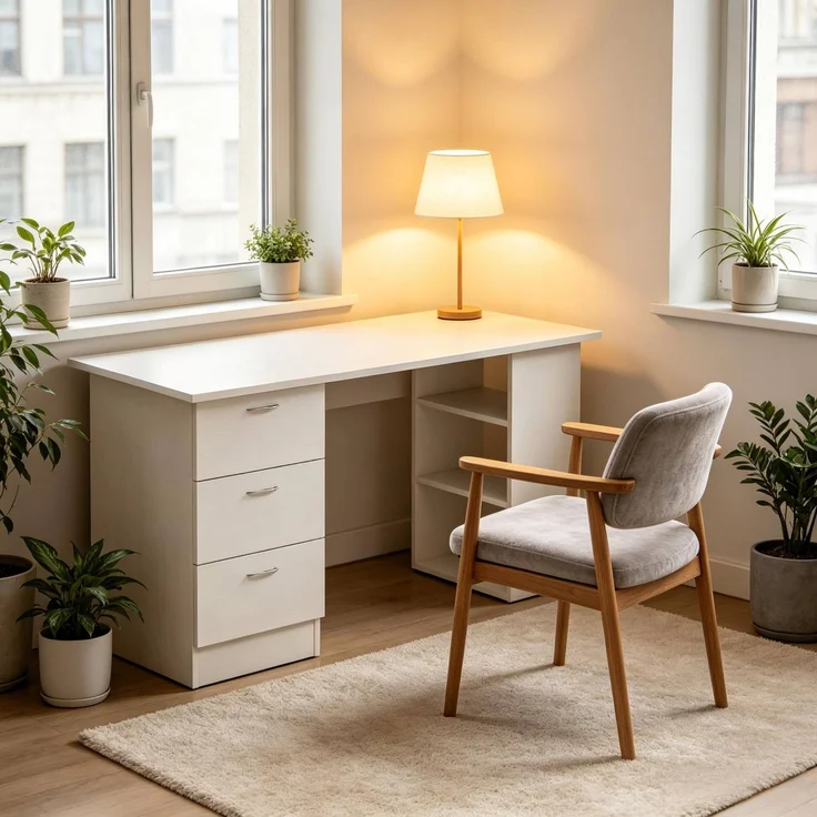 Schreibtisch aus MDF mit 3 Schubladen und 3 Regalen, 120x49x72 cm, Weiß – Bild 1