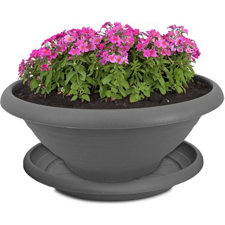 matches21 HOME & HOBBY Blumentopf Pflanzkübel mit Untersetzer für aussen 30 cm Blumentopf grau (1 St), Wetterfeste Pflanzschale als runder Grabschmuck Blumenkübel – Bild 1