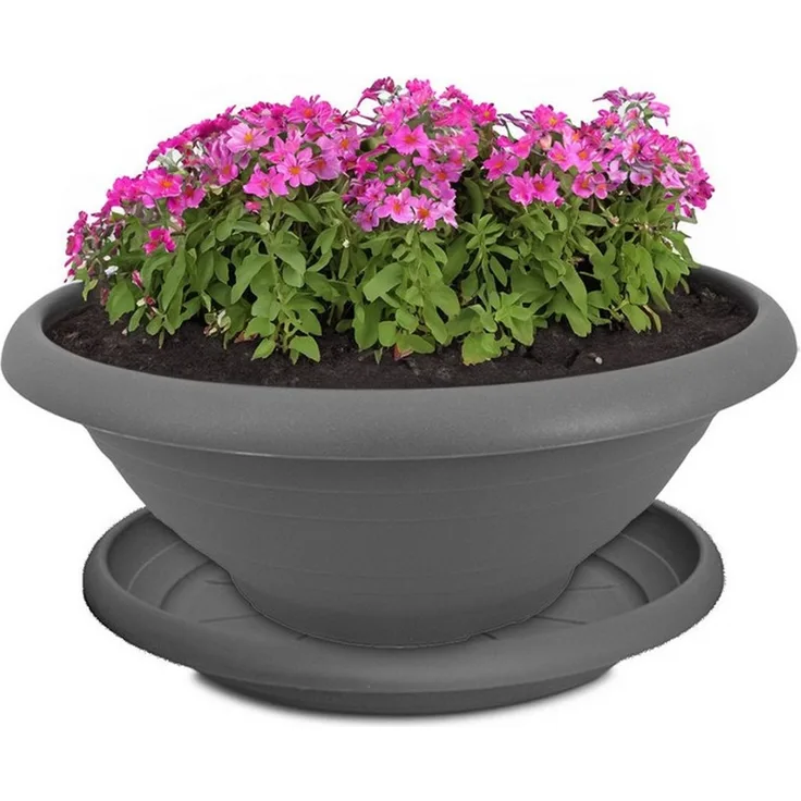 matches21 HOME & HOBBY Blumentopf Pflanzkübel mit Untersetzer für aussen 30 cm Blumentopf grau (1 St), Wetterfeste Pflanzschale als runder Grabschmuck Blumenkübel