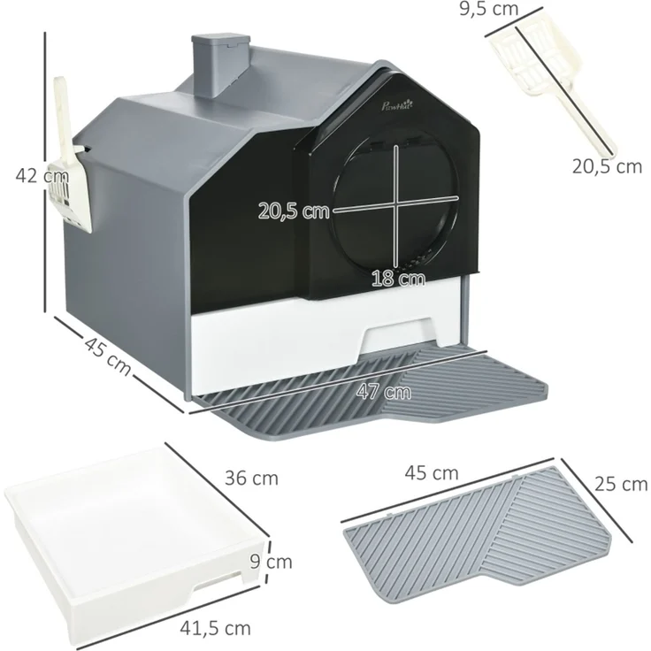 Katzentoilette 47x45x42 cm im Hütten-Design mit Siebvorleger und herausnehmbarer Bodenwanne, Grau – Bild 2