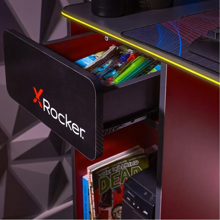 X Rocker Carbon-Tek Gaming Schreibtisch mit LED-Beleuchtung & Wireless Charging Ladepad - grau/rot – Bild 3
