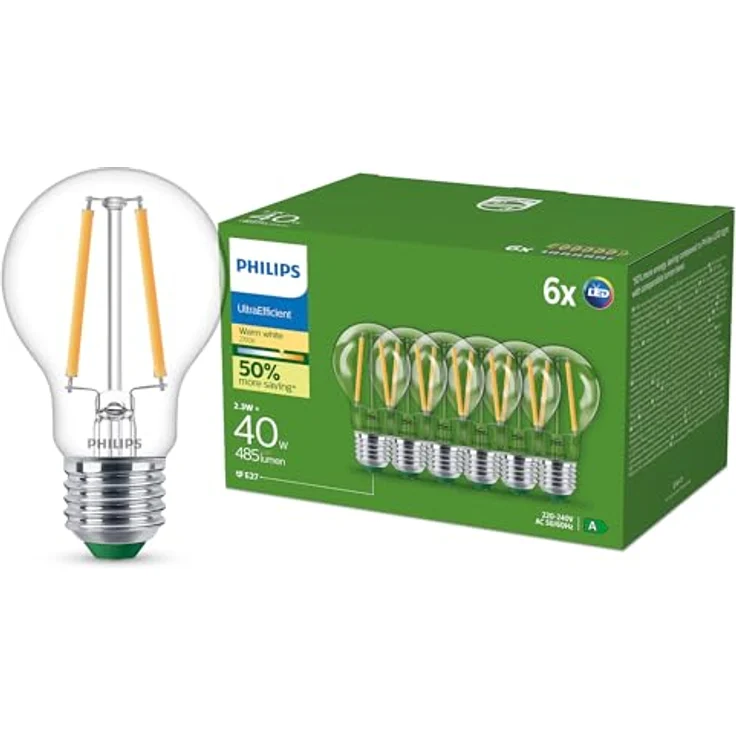 Philips Ultra Efficient LED Glühbirne, Energieeffizienzklasse A, mit E27 Sockel, 40 W, klar, warmweiß 2700 K, 6er Pack, Weiß – Bild 2