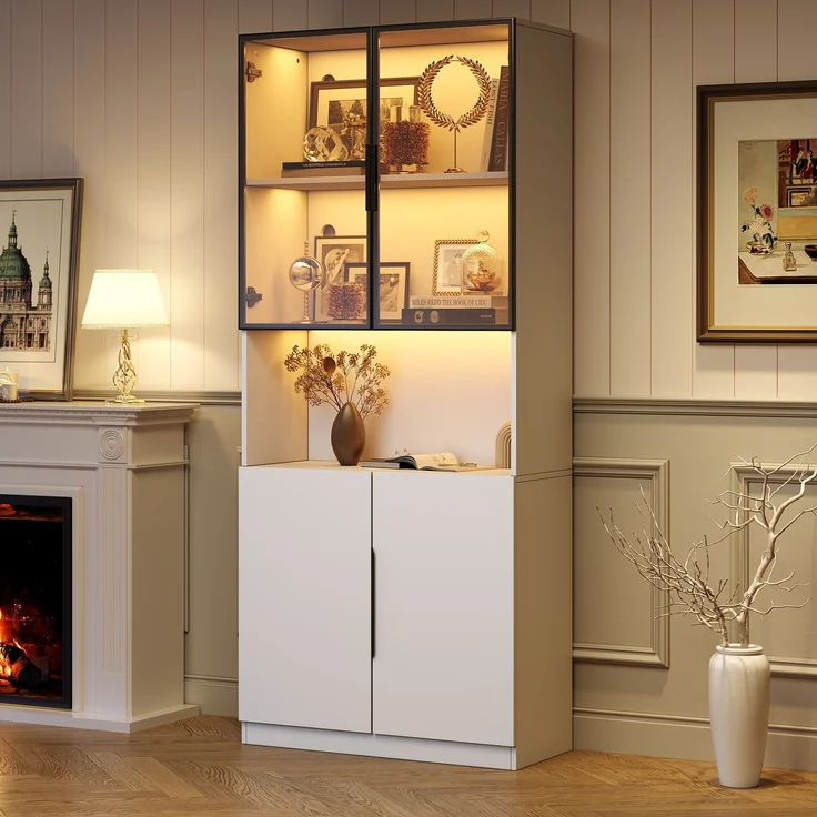 Moderne minimalistische Vitrine mit Glastüren, Vitrine mit LED-Leuchten, Bücherregal für Sammlerstücke, einstellbare Farbtemperatur und Helligkeit, weiße 80*30*200cm--Weiß--94.49x50.8x19.51cm--YOUDENOVA – Bild 3